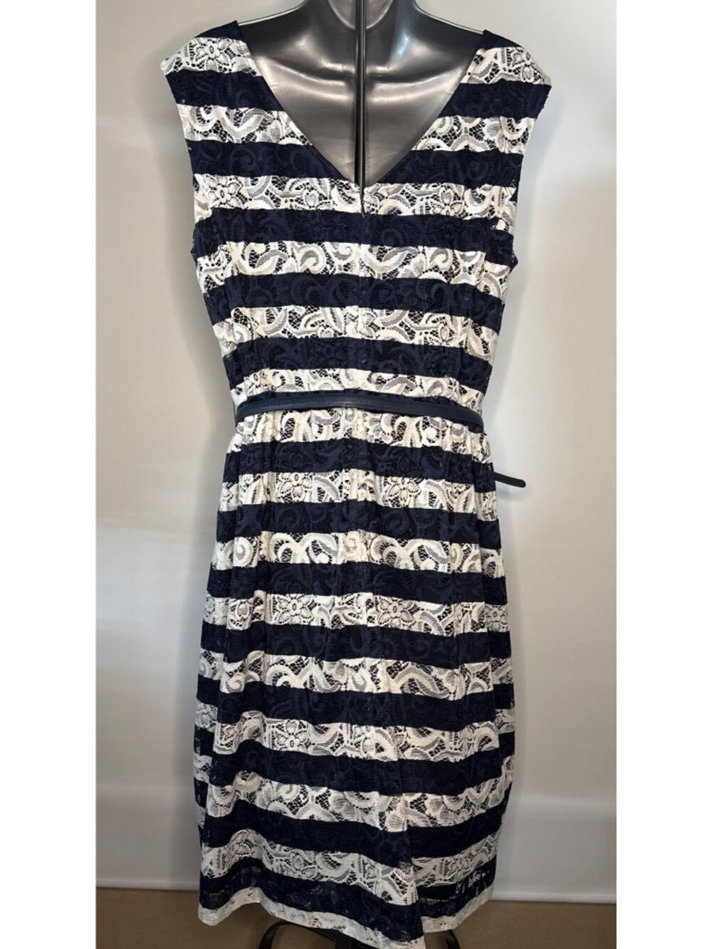 Alex Marie Sleeveless Women's Floral Lace Navy White Striped Nautical Dress (12) - Picture 6 of 15